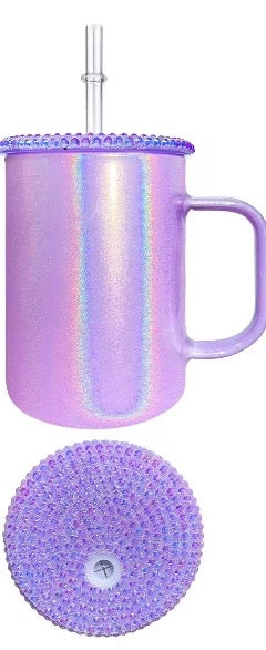Purple 17oz shimmer glass mug with bling lid and straw