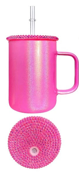 Hot Pink 17oz shimmer glass mug with bling lid and straw