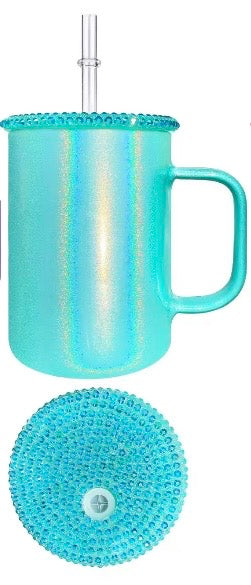 Blue 17oz shimmer glass mug with bling lid and straw