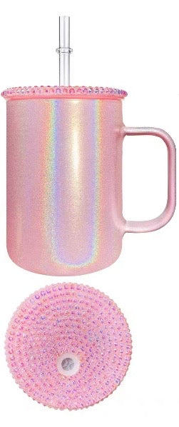 Light pink 17oz shimmer glass mug with bling lid and straw
