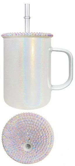 White 17oz shimmer glass mug with bling lid and straw